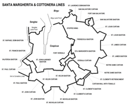 Map of Cottonera fortifications — Three Cities Malta holiday destination